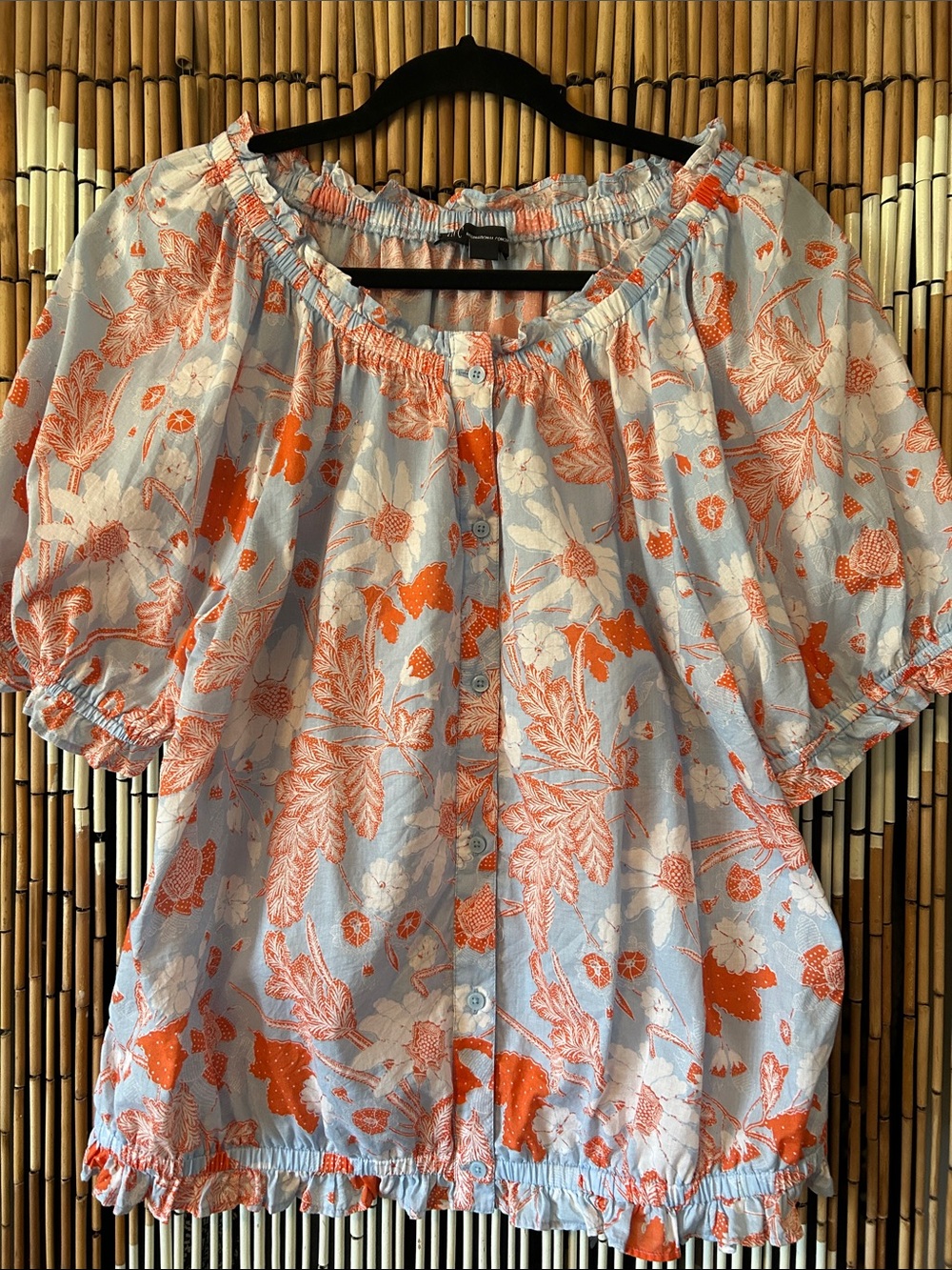Light Blue & Orange Floral Peasant Top - Size L